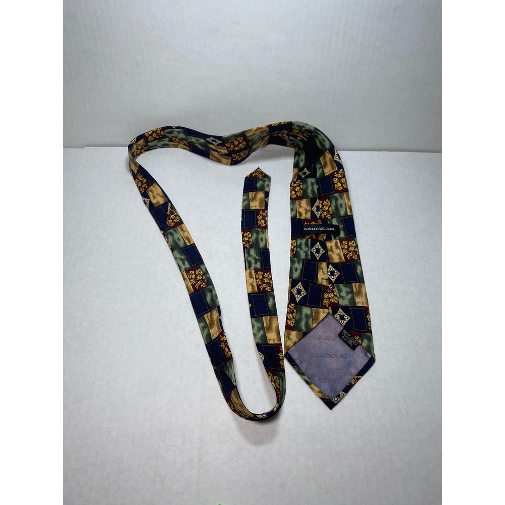 Korean Air 100% Silk Tie Navy Blue Green Gold Patchwork Floral Geometric Mens